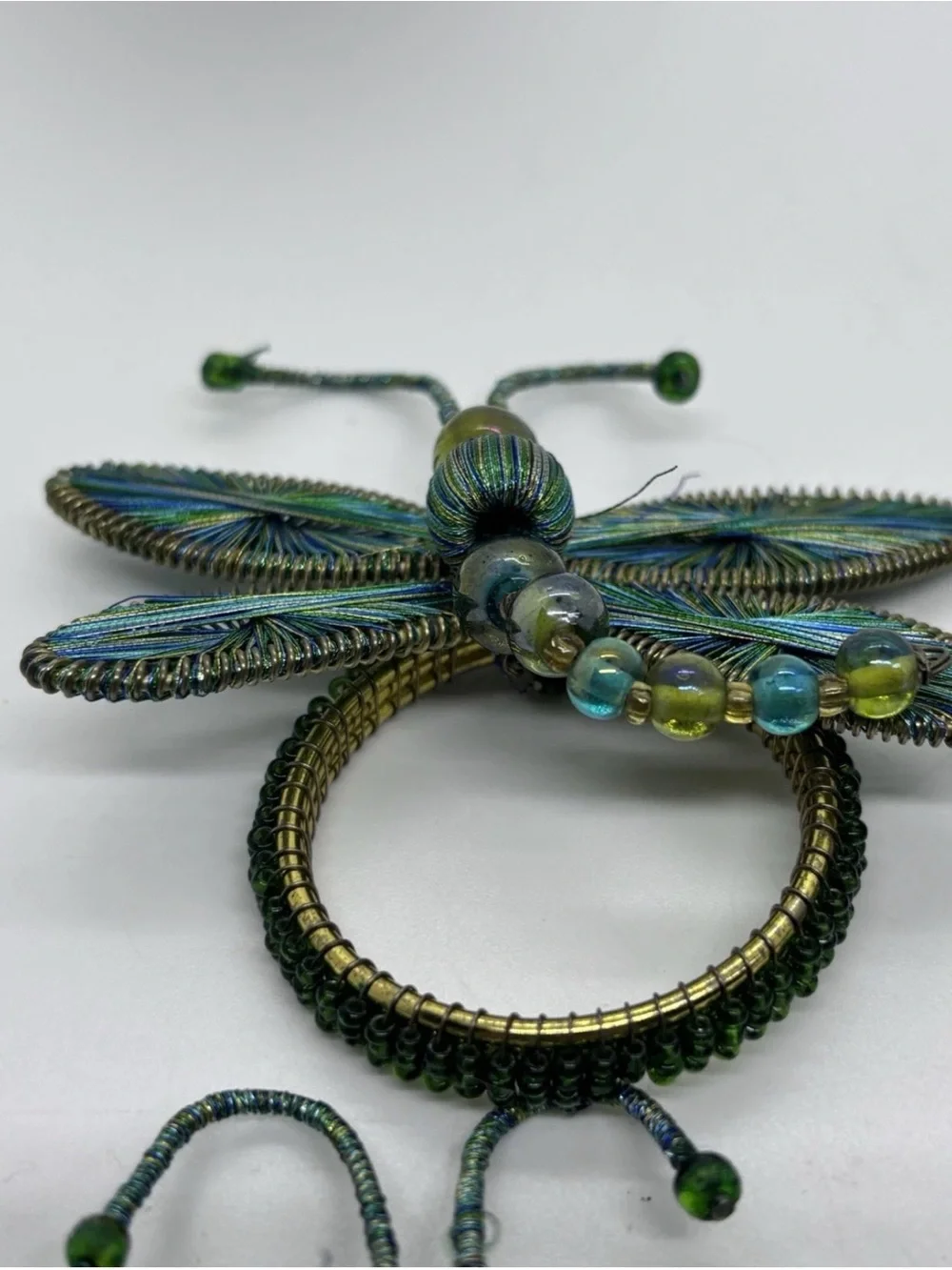 Pier 1 Set of 4 Beaded Dragonfly Napkin Rings Blue Green Wire Art Table Decor